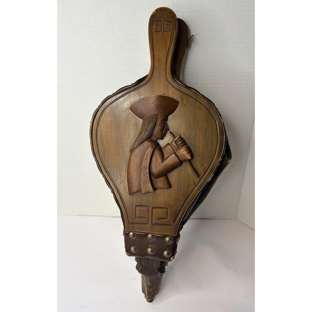 Vintage Hand Carved Wood Fireplace Bellows Andean Llama Folk Art Leather Brass